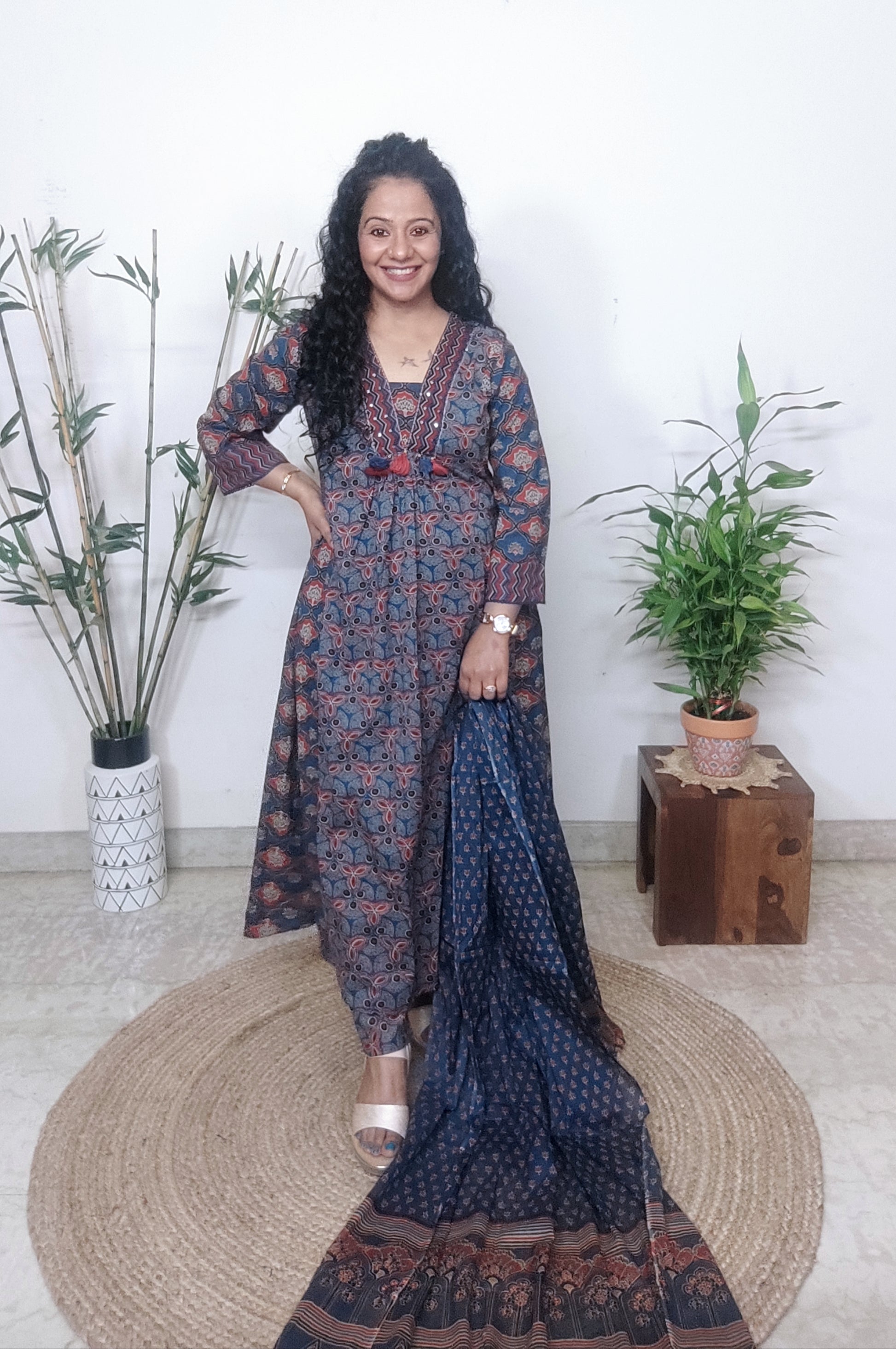 Blue & Green Floral Anarkali Frock
