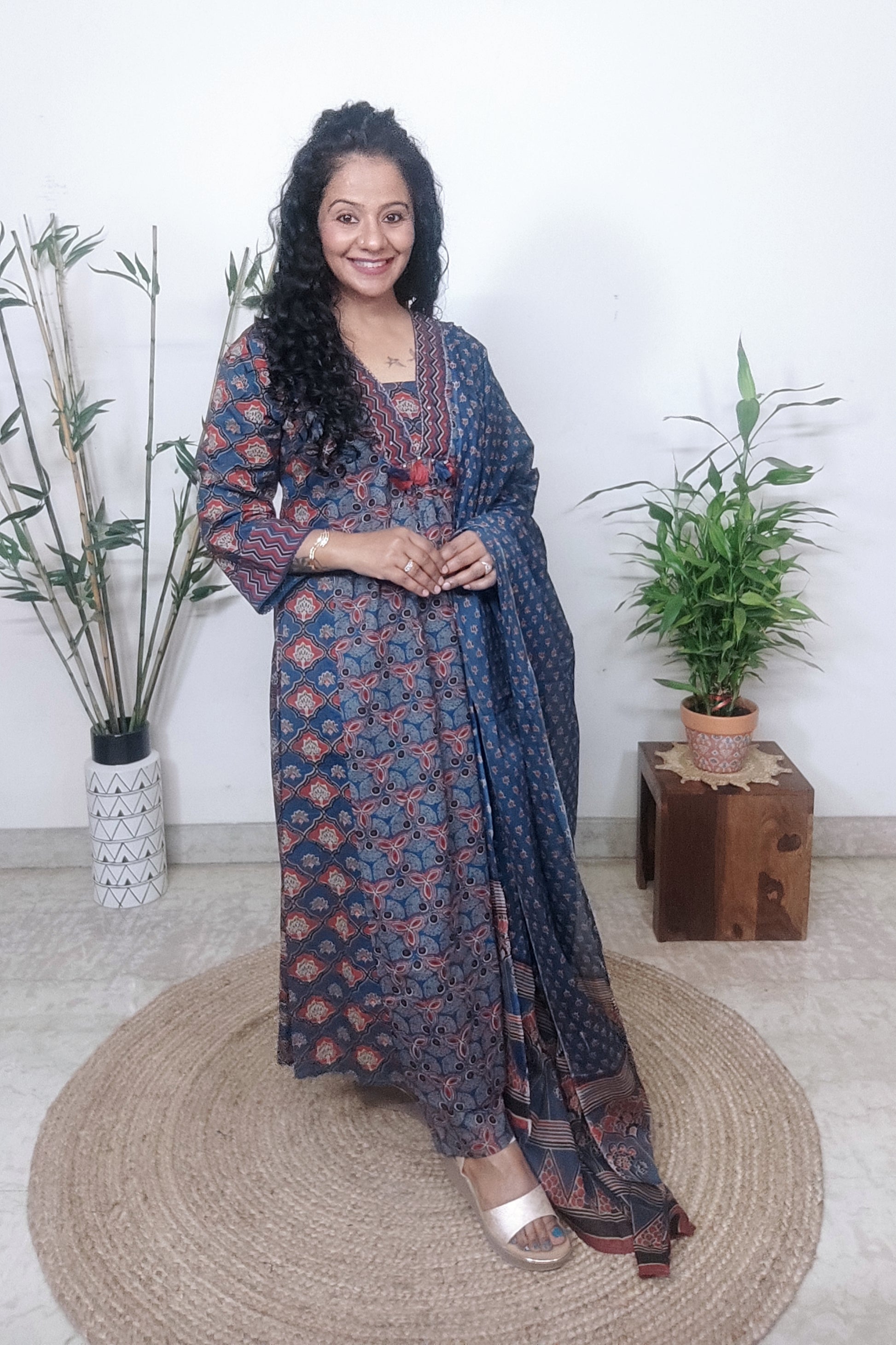 Blue & Green Floral Anarkali Frock