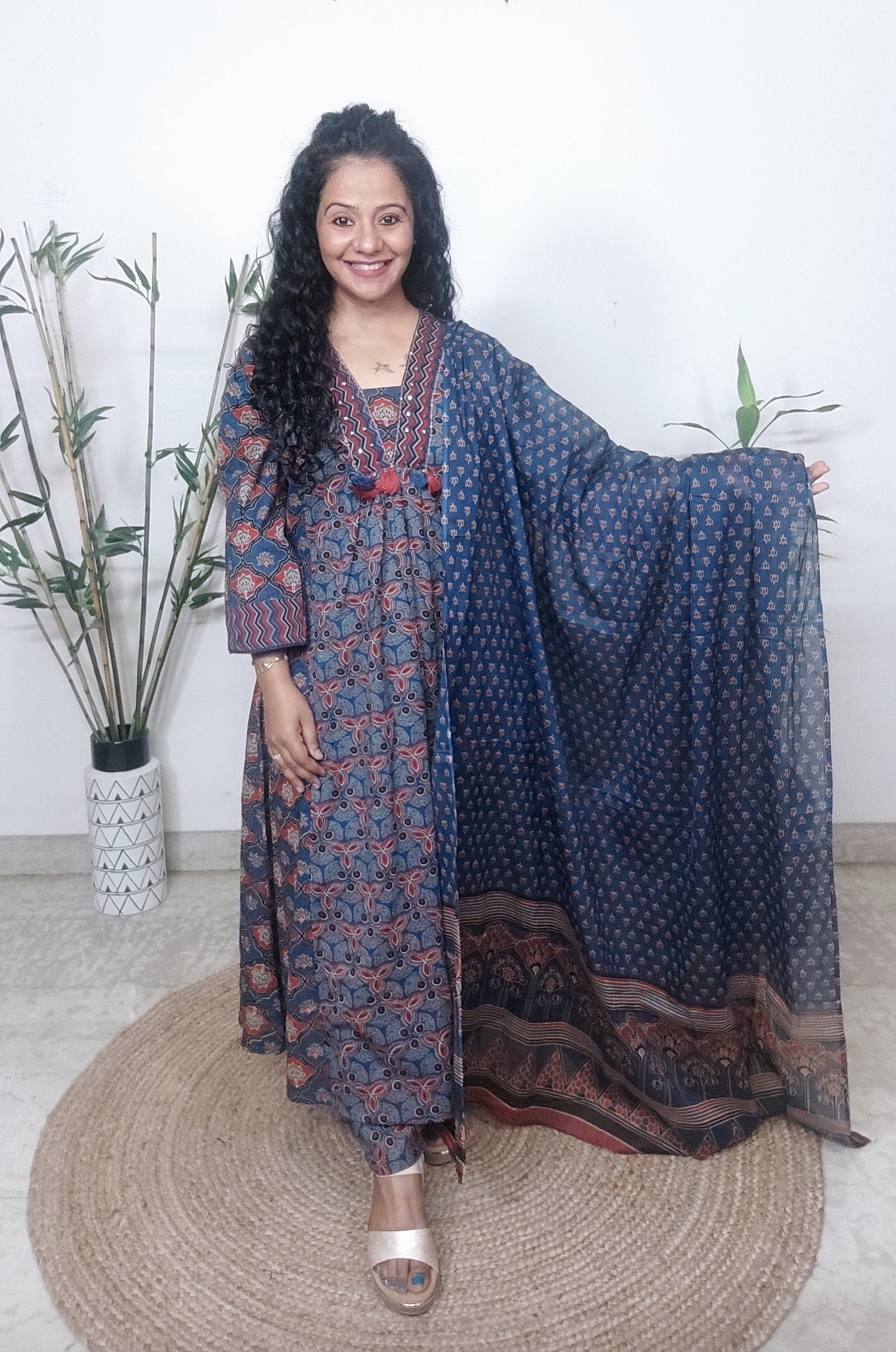 Blue & Green Floral Anarkali Frock