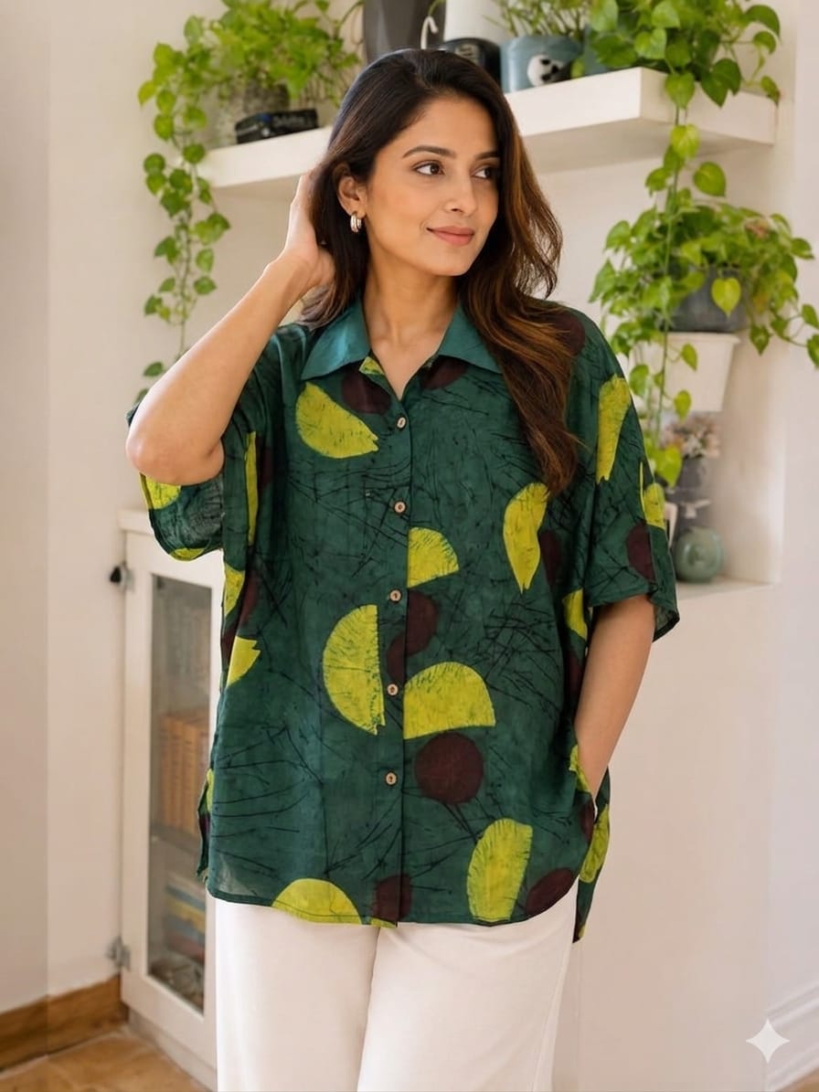 Premium Modal Silk Green striped Kaftaan Shirt – Free Size (Fits Up to 48")