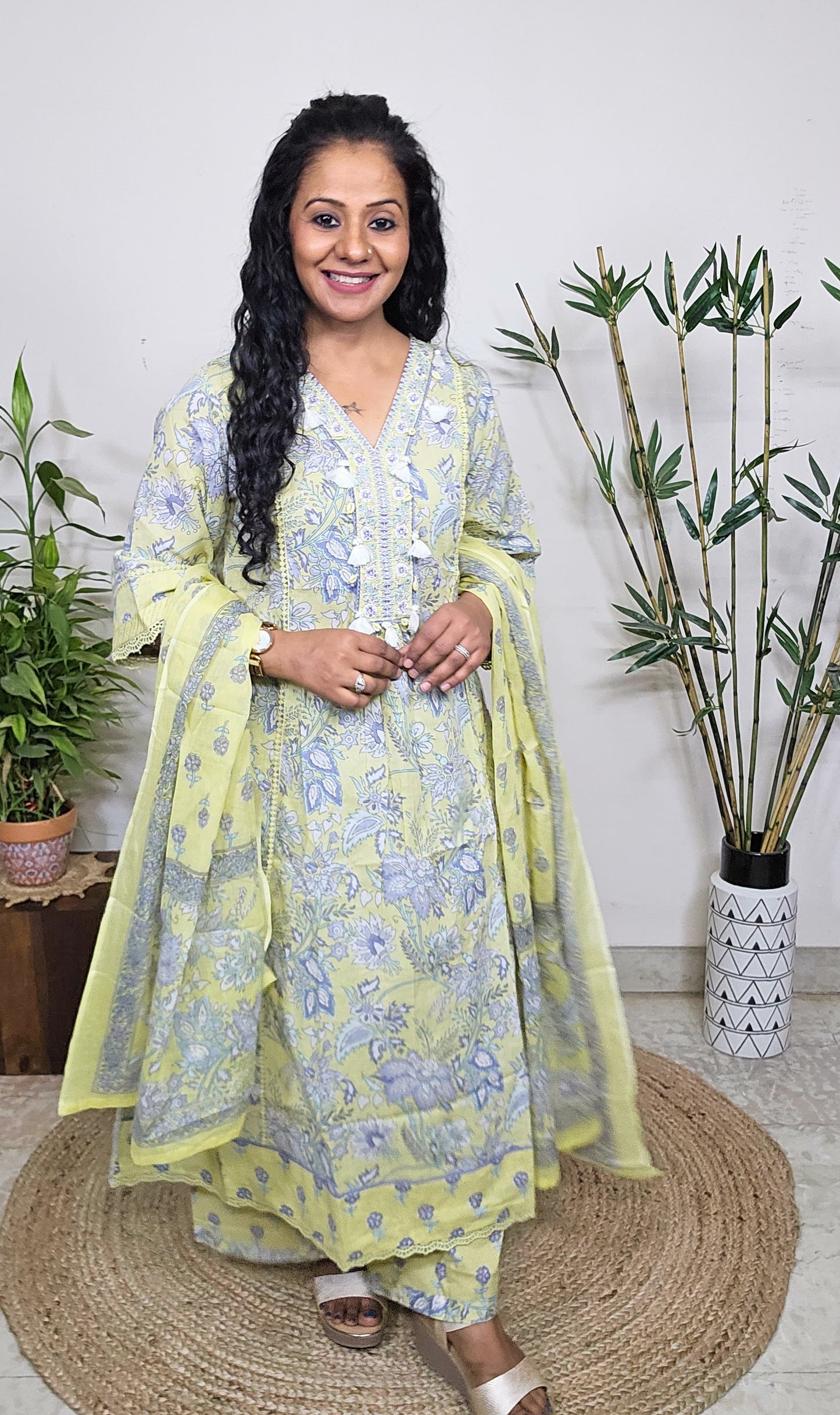 EthnixThread fancy cotton readymade A-line suit set