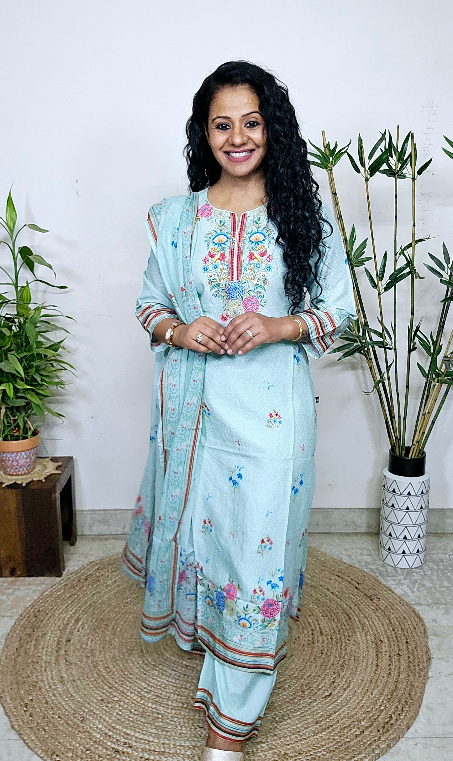 EthnixThread cotton green embroidered fancy readymade suit sets