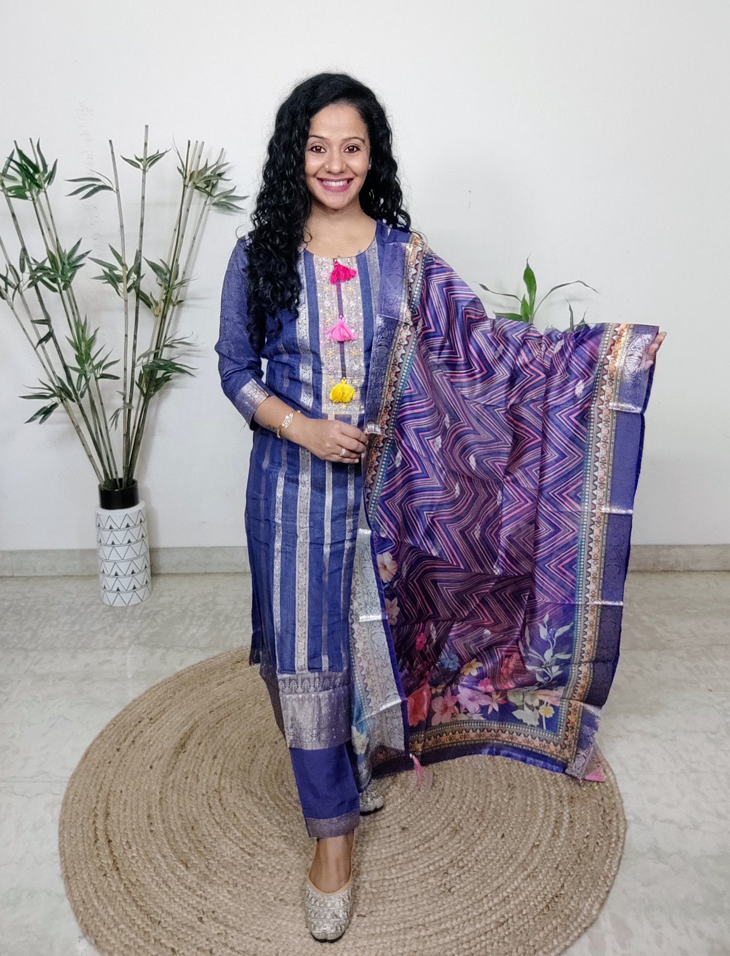 Blue suits paired with organza silk dupatta