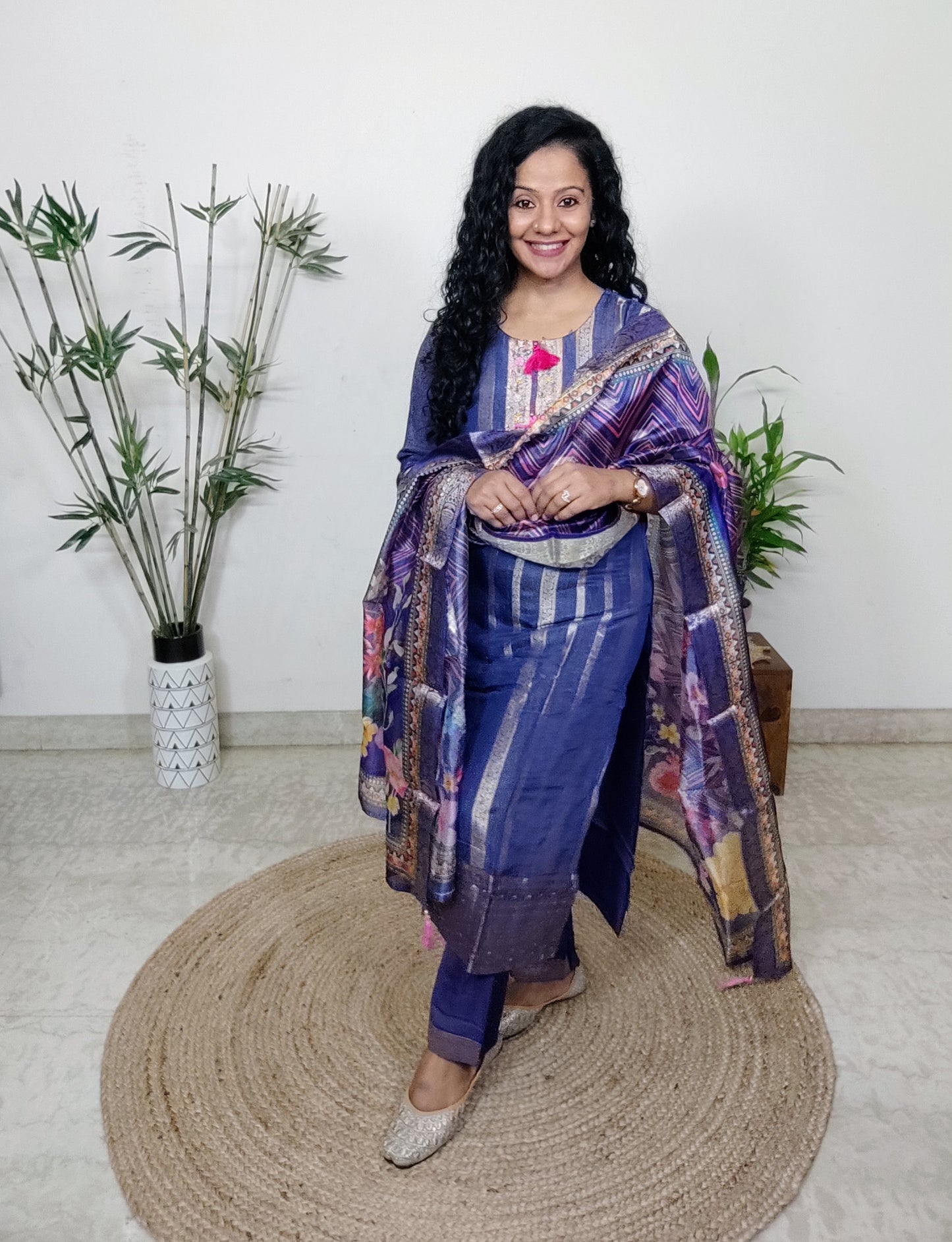 Blue suits paired with organza silk dupatta