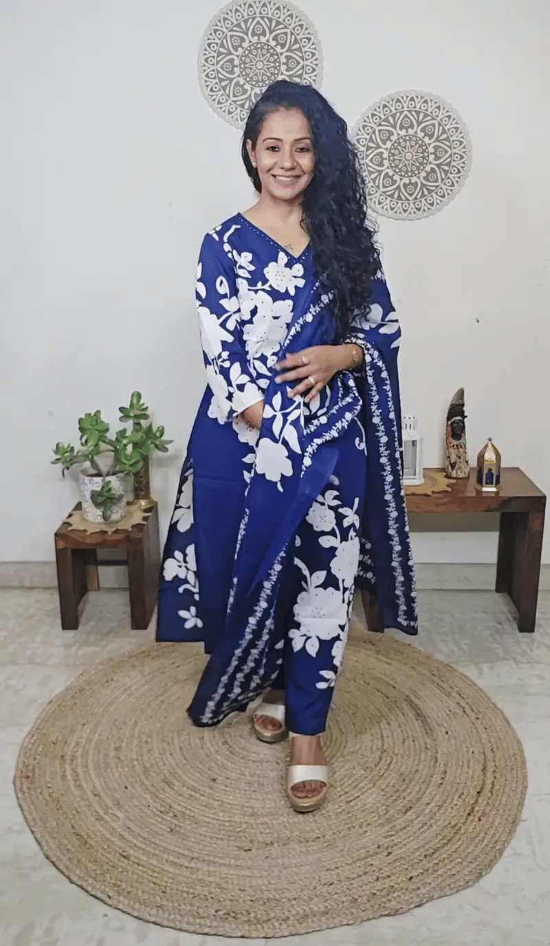 EthnixThread Contemporary Cotton Printed Suit Set with Hand Work & Mul Cotton Dupatta