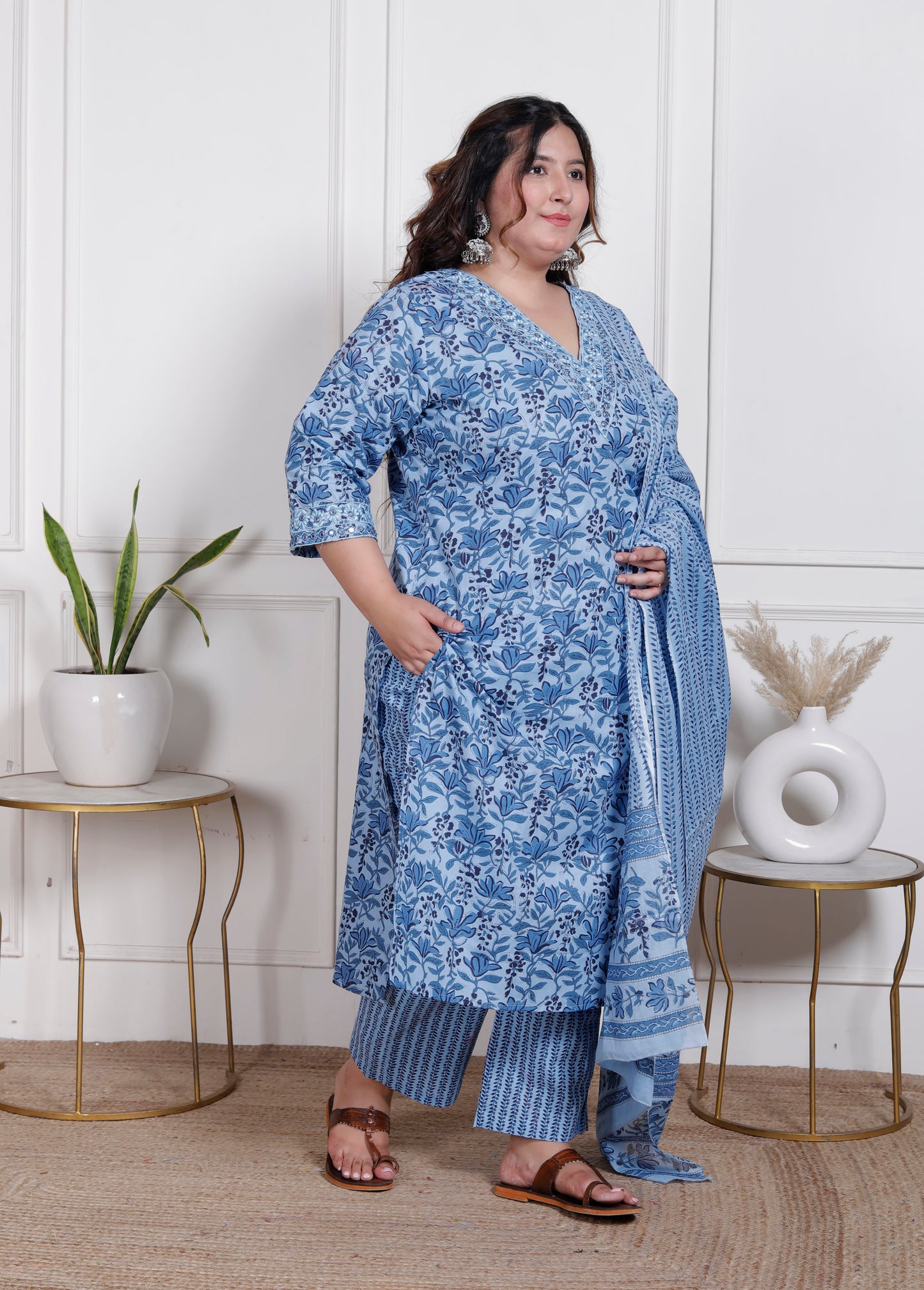 EthnixThread elegant light blue Straight-Fit Cotton Kurta Set in Plus Size