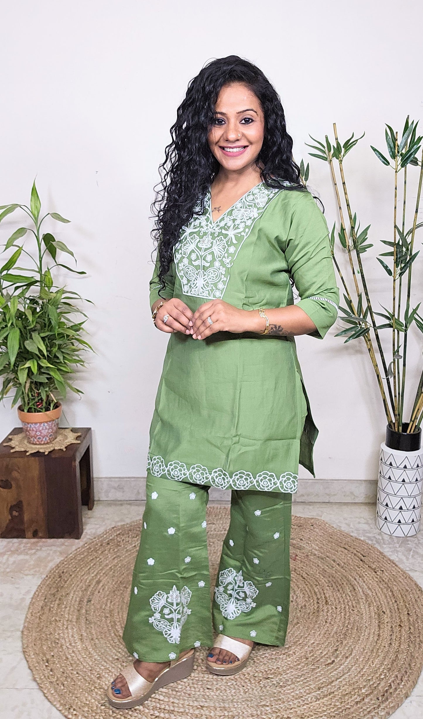 EthnixThread Trendy Embroidered Green Coord Sets for Women in Cotton Silk