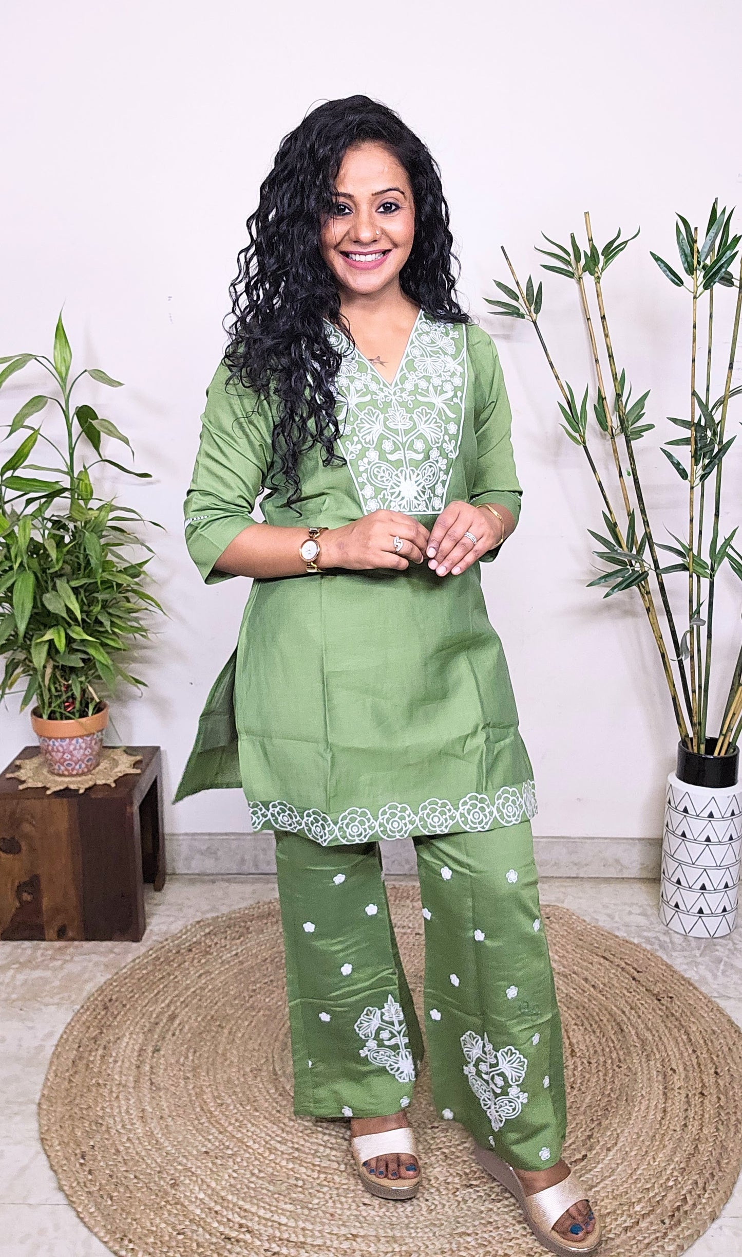EthnixThread Trendy Embroidered Green Coord Sets for Women in Cotton Silk