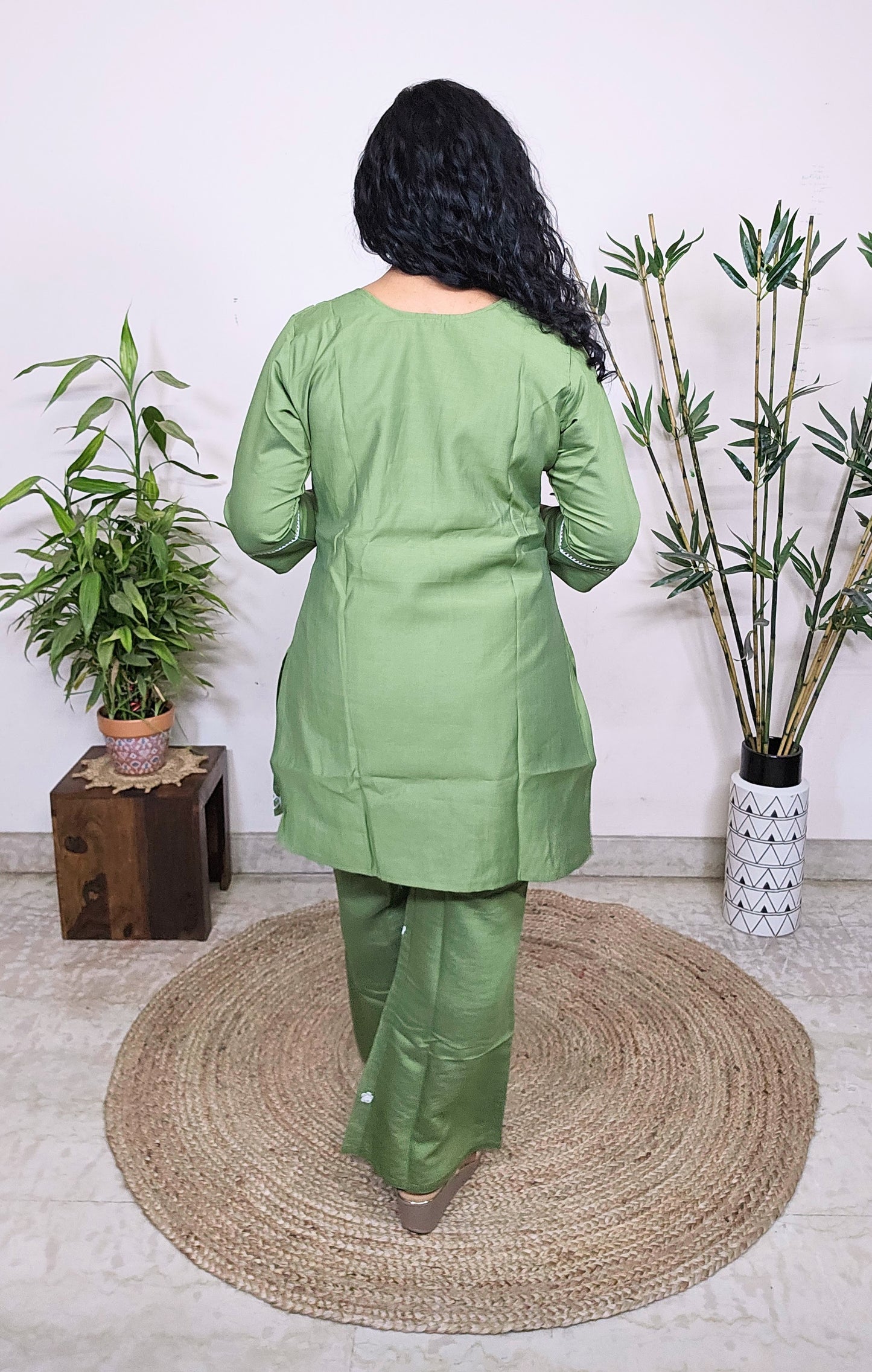 EthnixThread Trendy Embroidered Green Coord Sets for Women in Cotton Silk