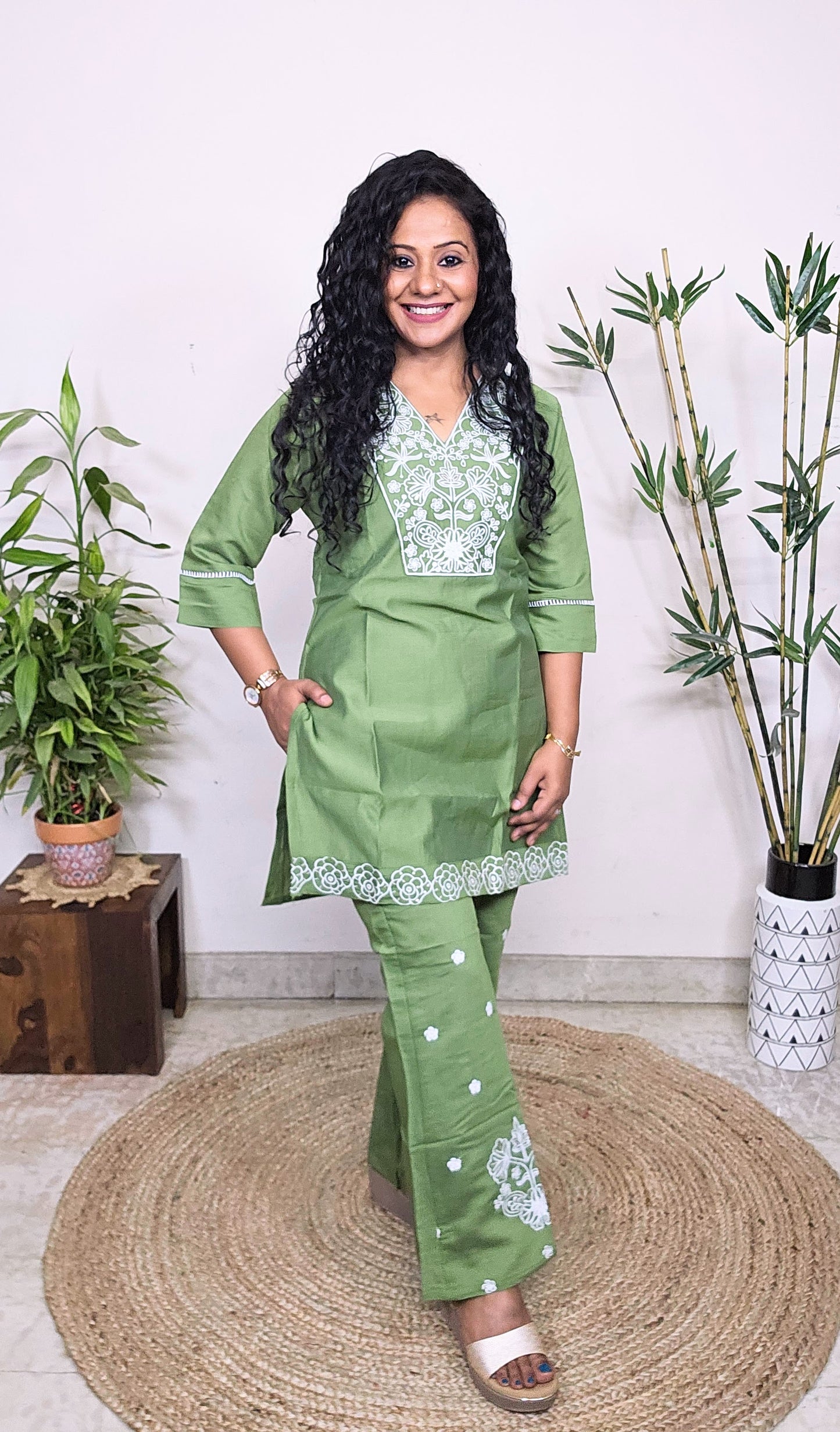 EthnixThread Trendy Embroidered Green Coord Sets for Women in Cotton Silk