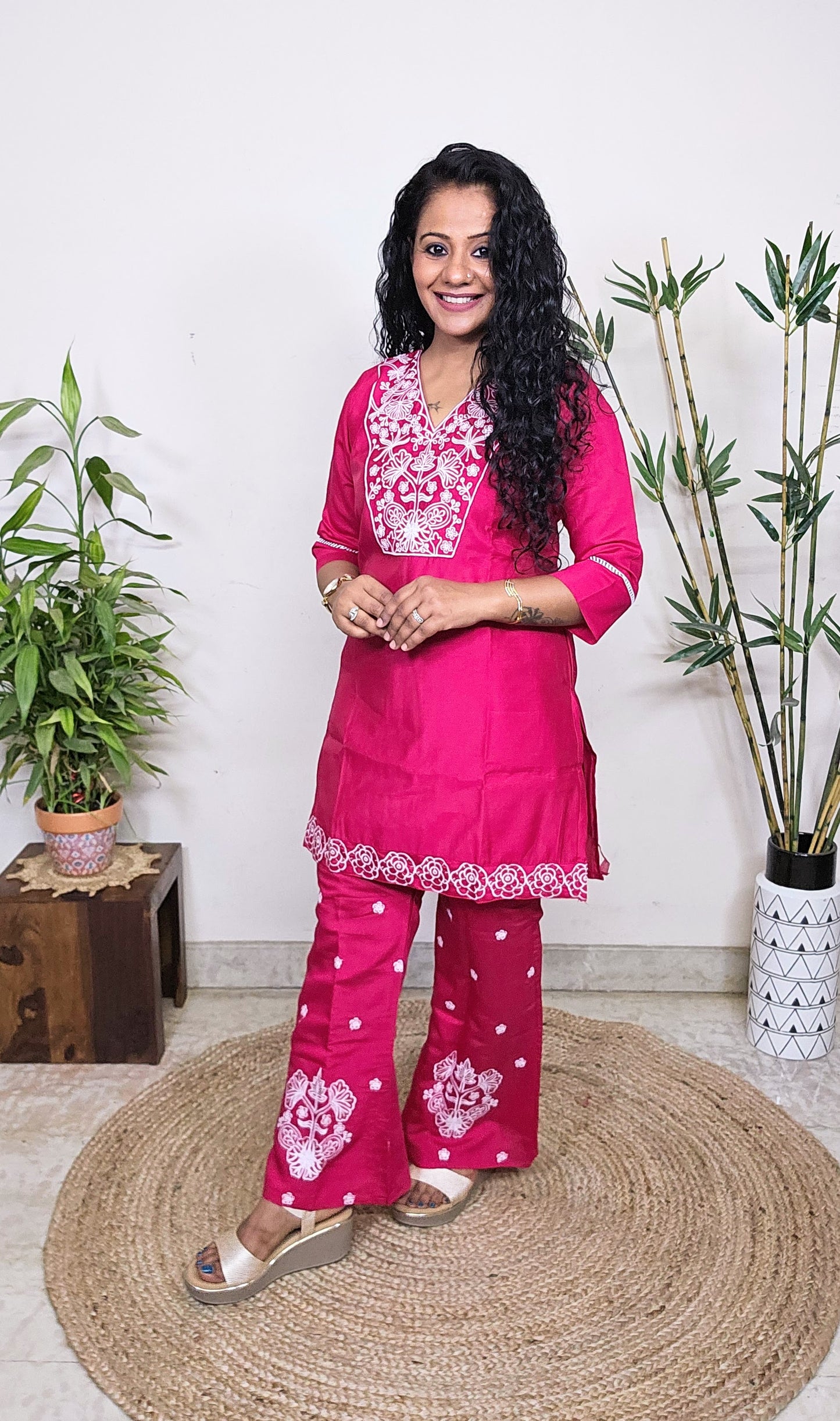 EthnixThread Trendy Embroidered Pink Coord Sets for Women in Cotton Silk