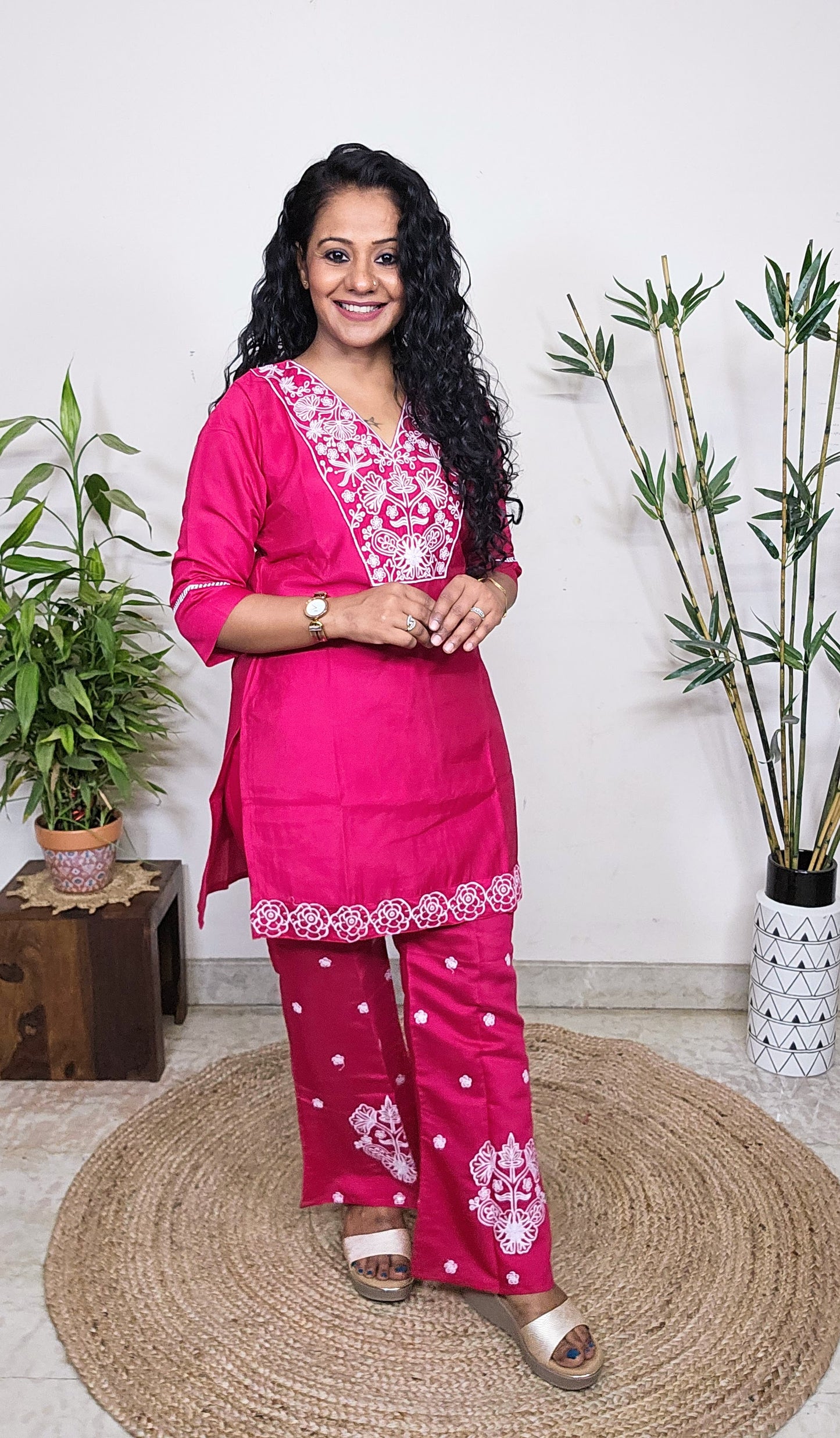 EthnixThread Trendy Embroidered Pink Coord Sets for Women in Cotton Silk
