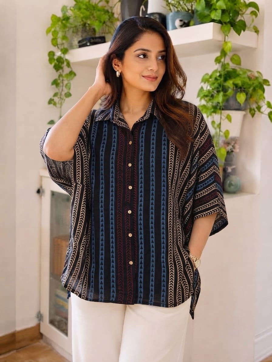 Premium Modal Silk striped Kaftaan Shirt – Free Size (Fits Up to 48")