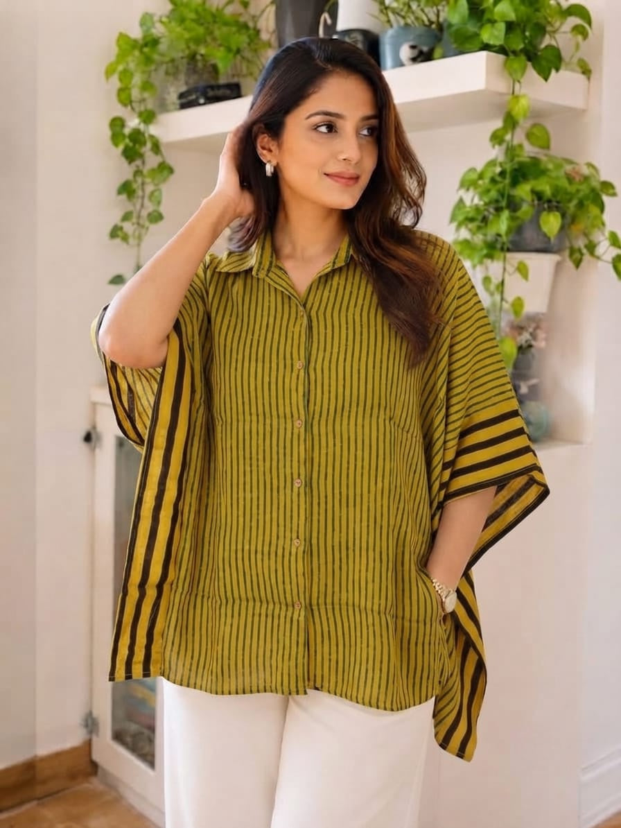 Premium Modal Silk striped Kaftaan Shirt – Free Size (Fits Up to 48")