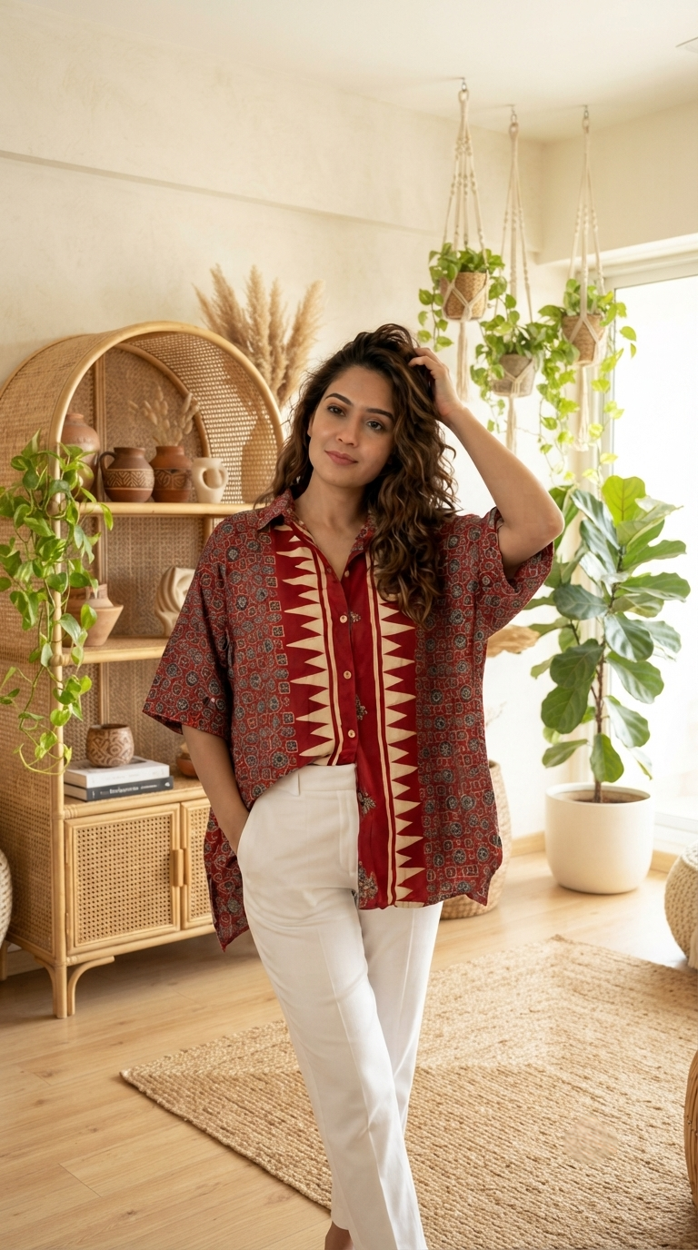 Premium Modal Silk Red Stripped Kaftaan Shirt – Free Size (Fits Up to 48")