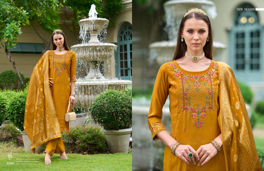 Yellow viscose silk suit set with banarsi dupatta