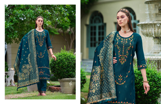 blue viscose silk suit set with banarsi dupatta