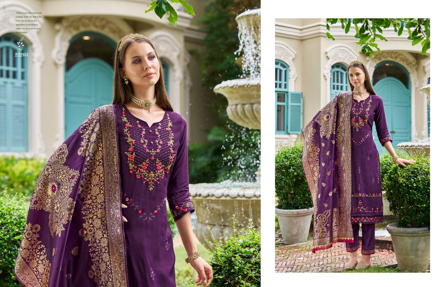 EthnixThread embroidered readymade Purple viscose silk suit set with banarsi dupatta