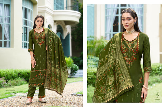 Green viscose silk suit set with banarsi dupatta
