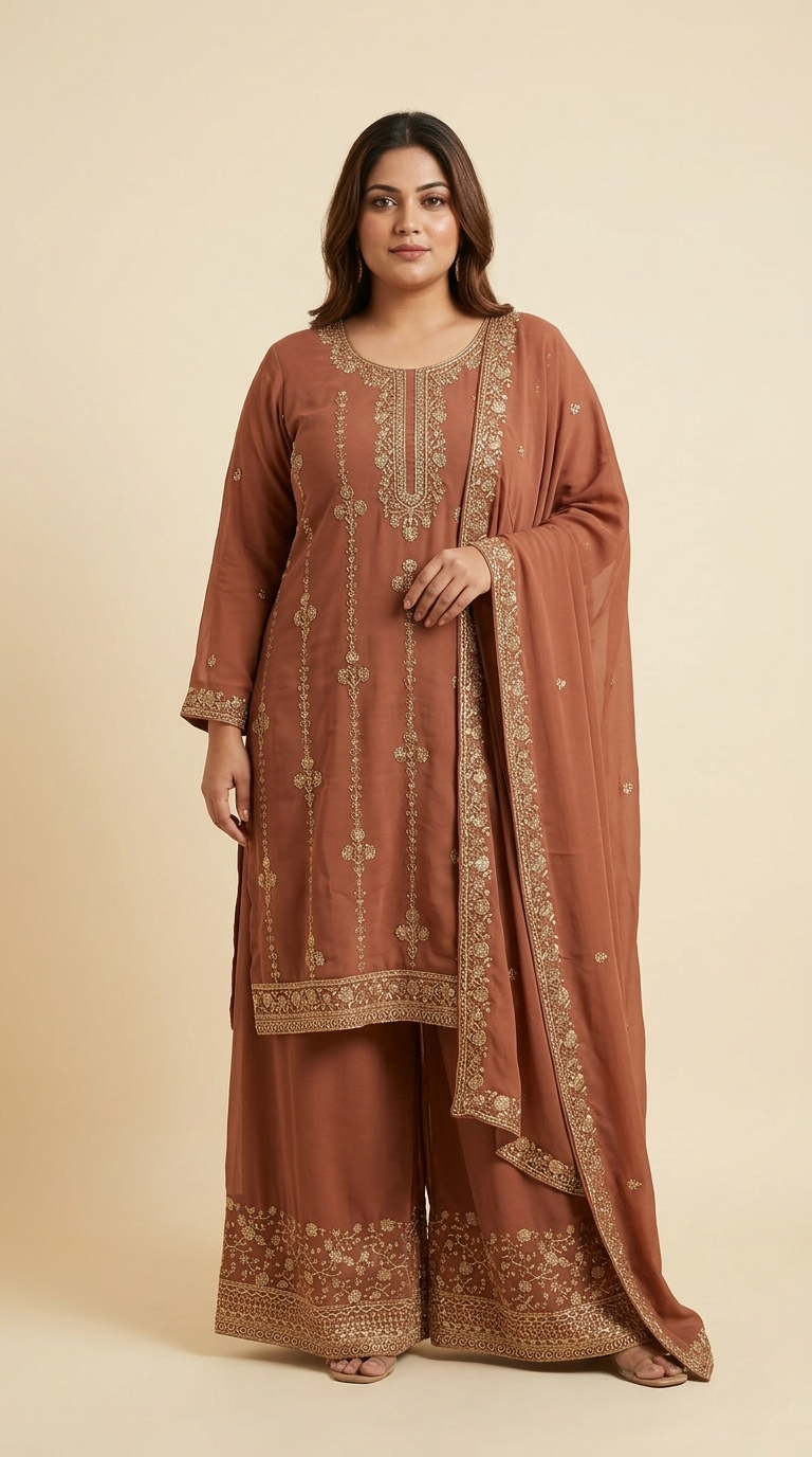 Pakistani Pure Georgette Brown Heavy Work Suit Set – Boutique Collection | Plus Sizes