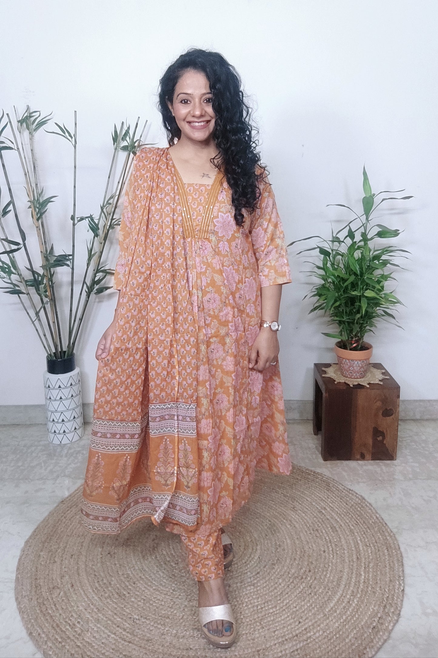 Orange Viscose Printed Kurta