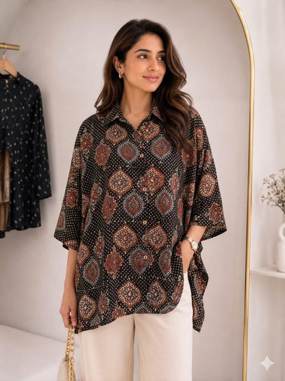 Premium Modal Silk Ajrakh Kaftaan Shirt – Free Size (Fits Up to 48")