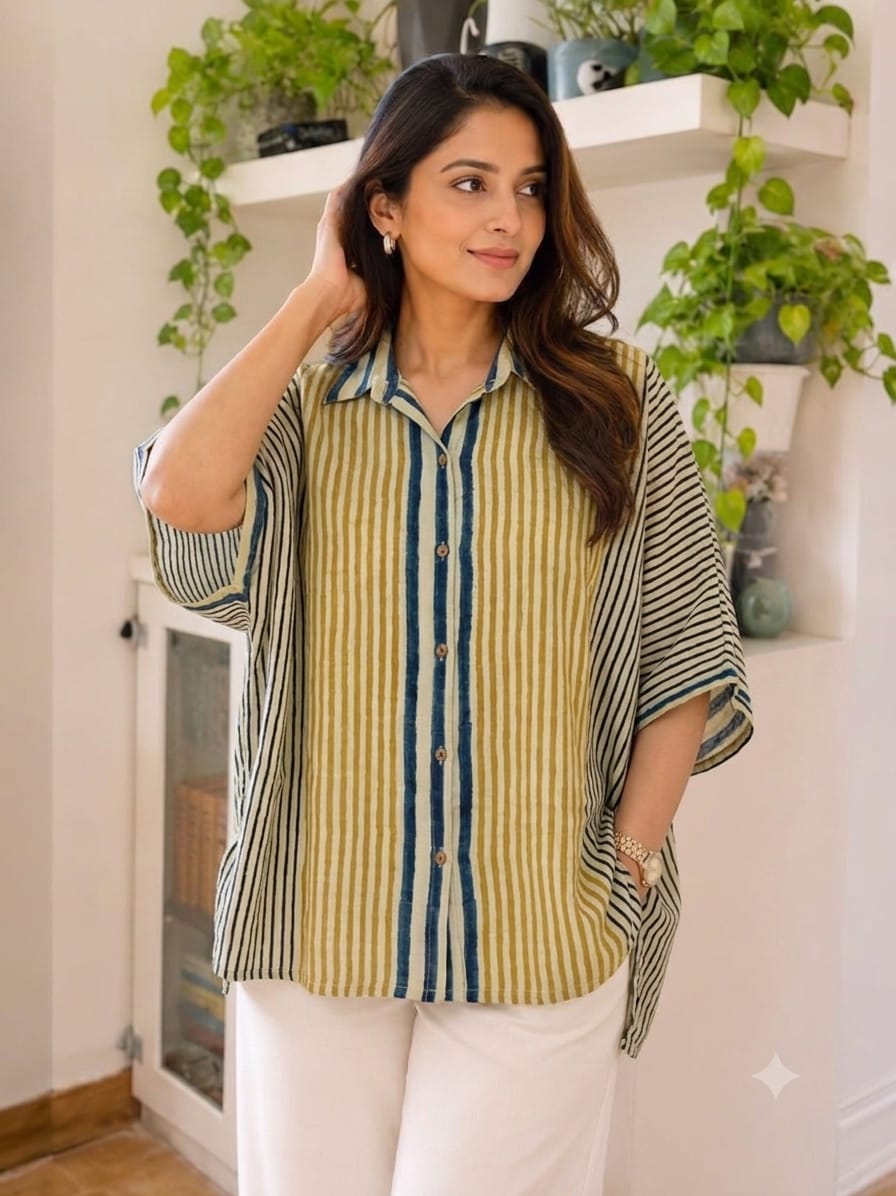 Premium Modal Silk Yellow Stripped Kaftaan Shirt – Free Size (Fits Up to 48")