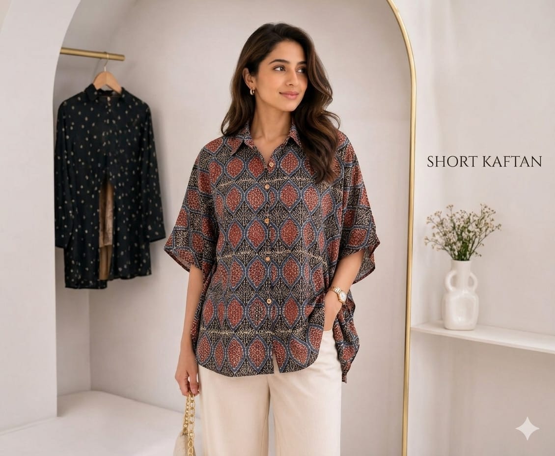Premium Modal Silk Ajrakh Kaftaan Shirt – Free Size (Fits Up to 48")
