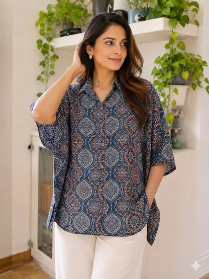 Premium Modal Silk Ajrakh Kaftaan Shirt – Free Size (Fits Up to 48")