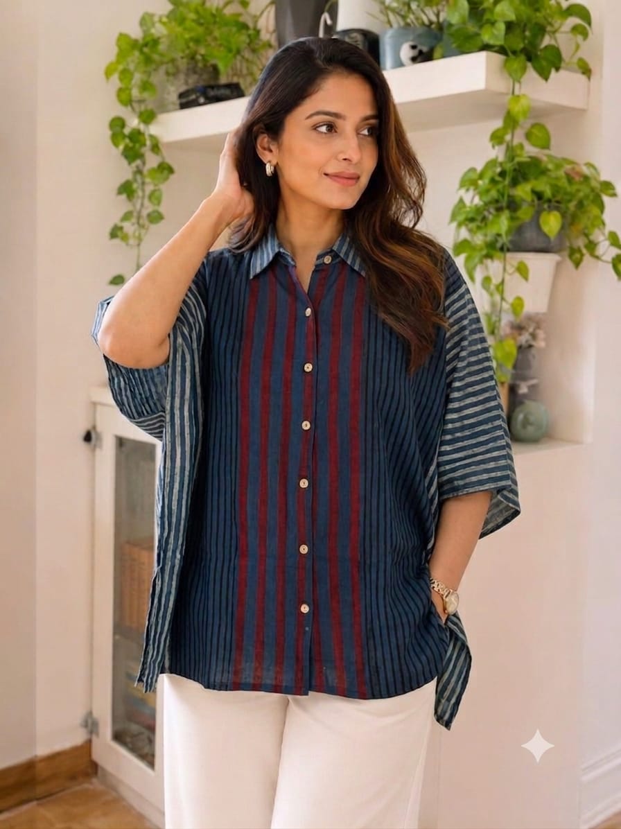 Premium Modal Silk Ajrakh Kaftaan Shirt – Free Size (Fits Up to 48")