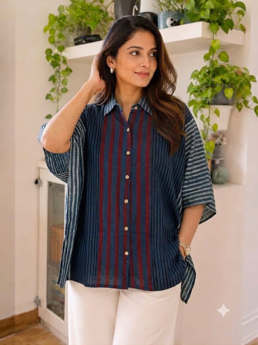 Premium Modal Silk Blue striped Kaftaan Shirt – Free Size (Fits Up to 48")