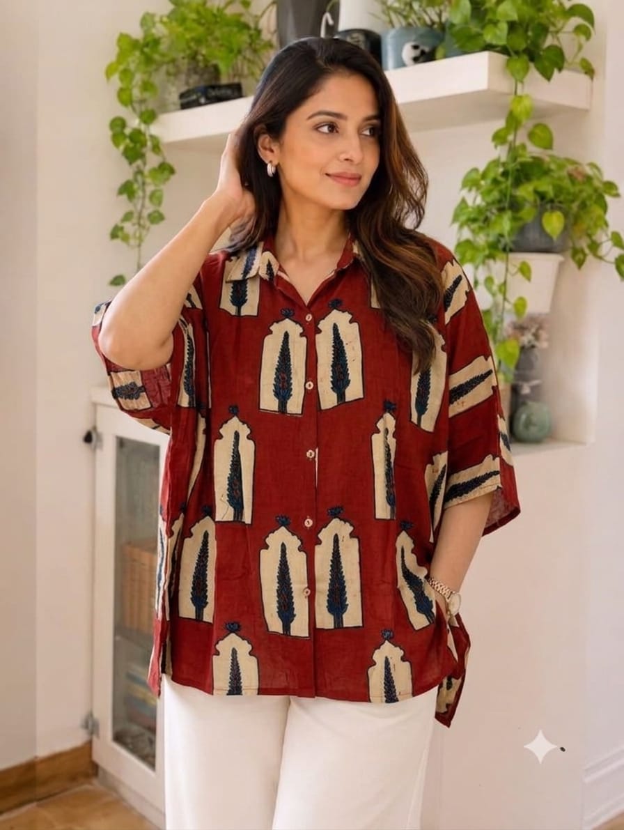 Premium Modal Silk Red Ajrakh Kaftaan Shirt – Free Size (Fits Up to 48")