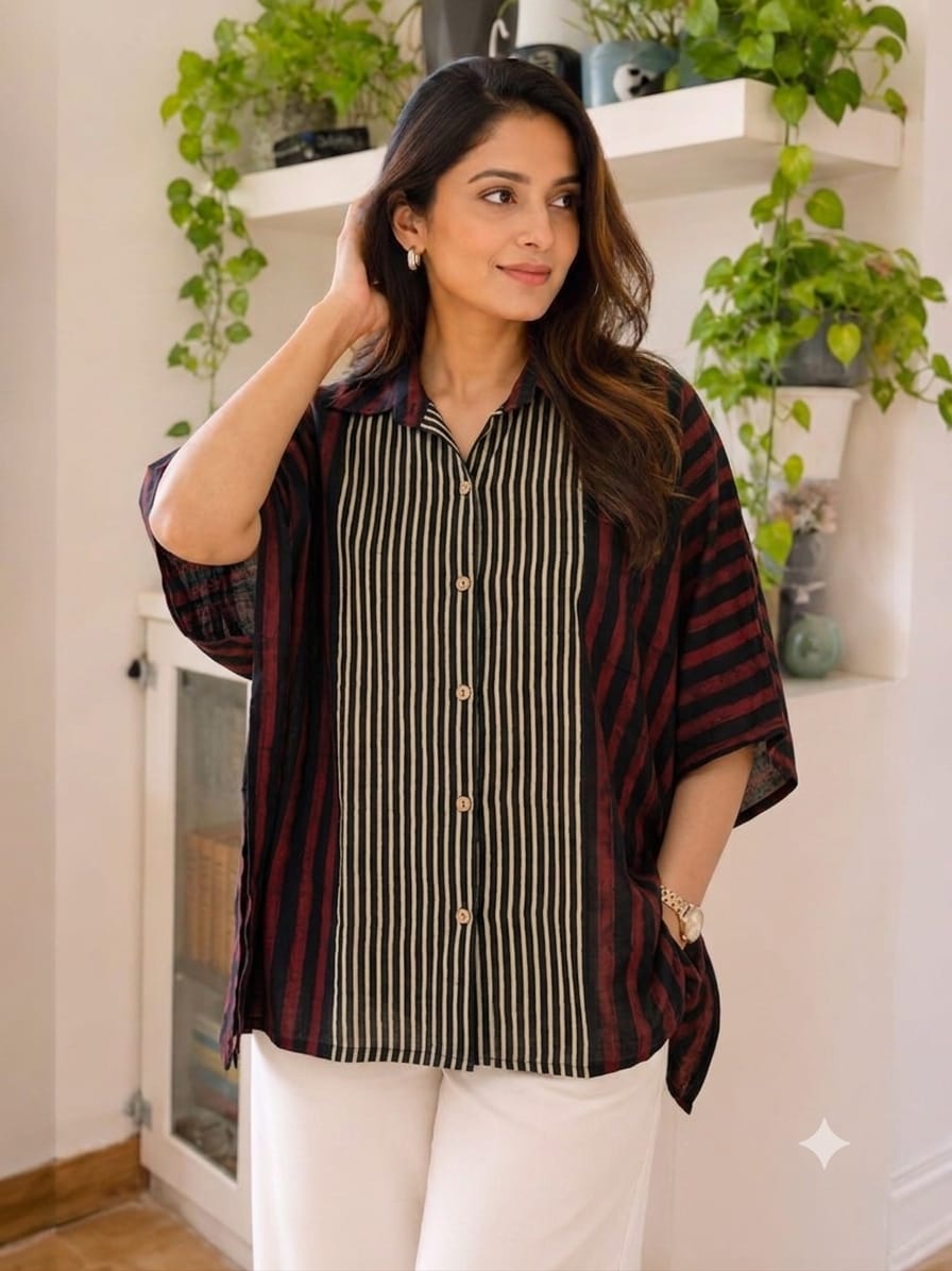 Premium Modal Silk Ajrakh Kaftaan Shirt – Free Size (Fits Up to 48")
