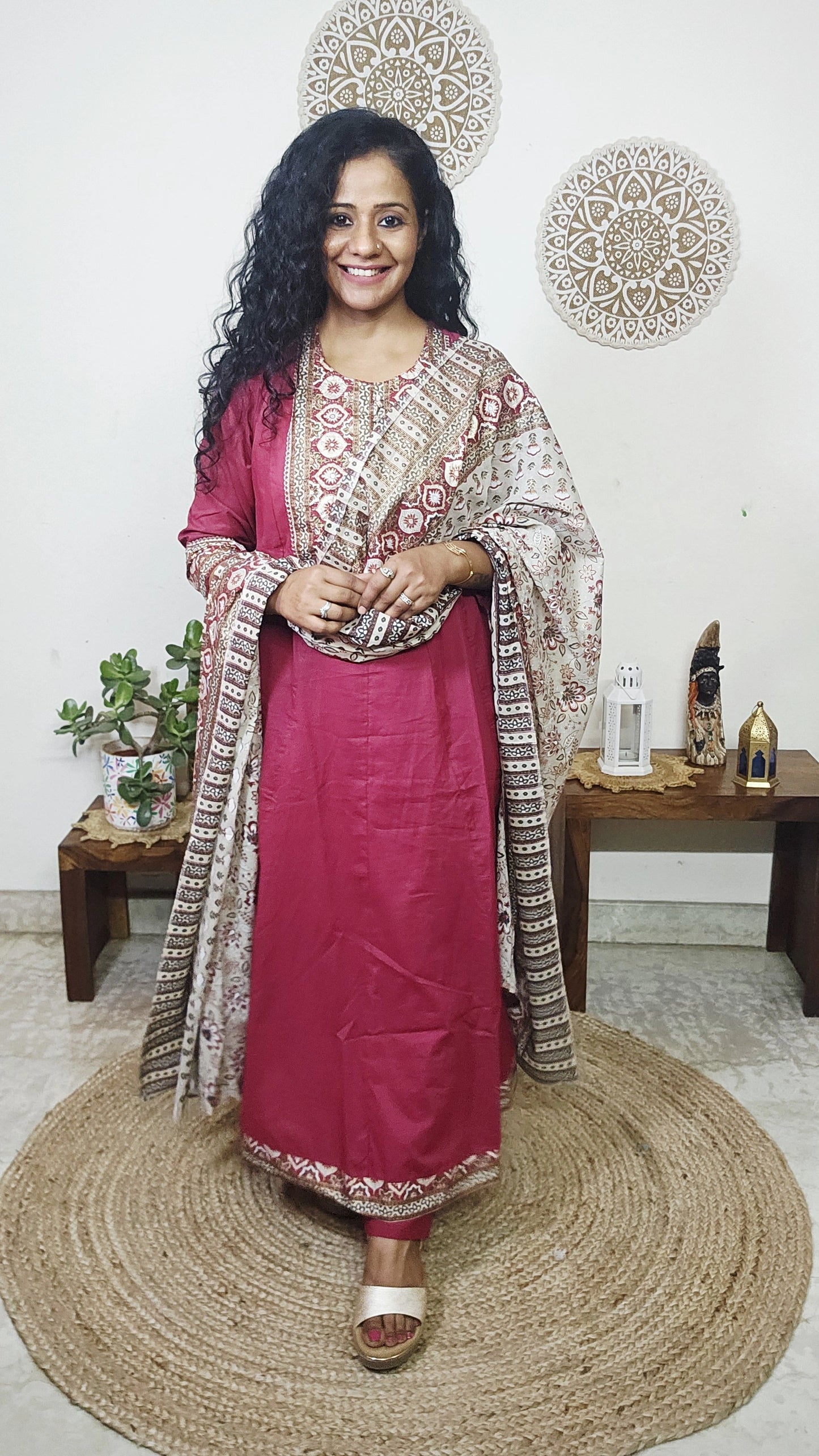 EthnixThread ajrakh Yoke & Contrast Border Anarkali Suit Set