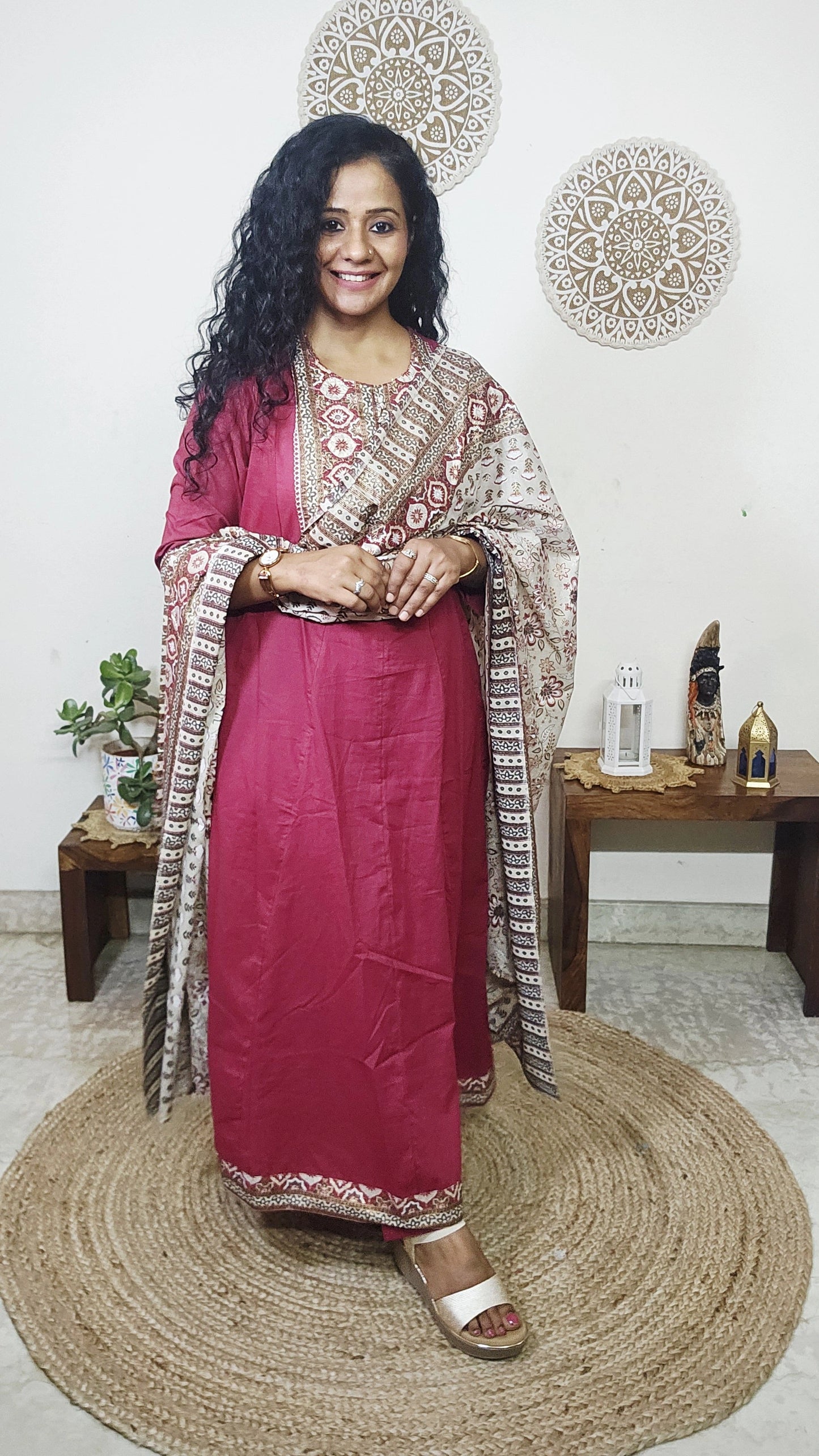 EthnixThread ajrakh Yoke & Contrast Border Anarkali Suit Set