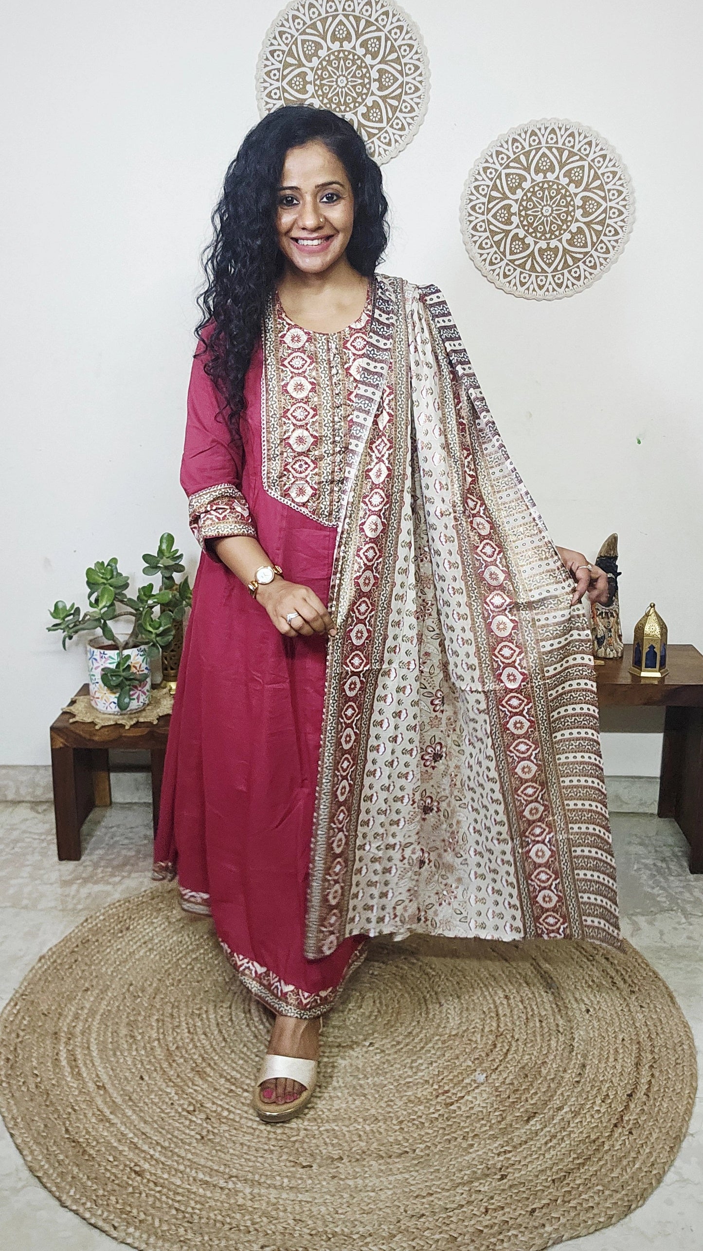 EthnixThread ajrakh Yoke & Contrast Border Anarkali Suit Set