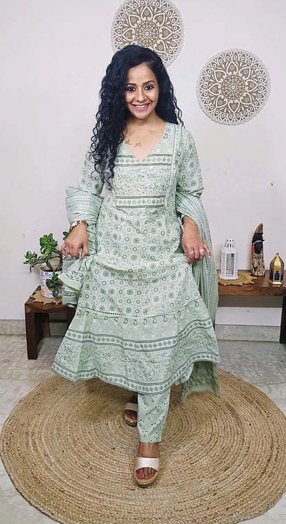 EthnixThread handcrafted Jaipuri Cotton Anarkali Suit Set