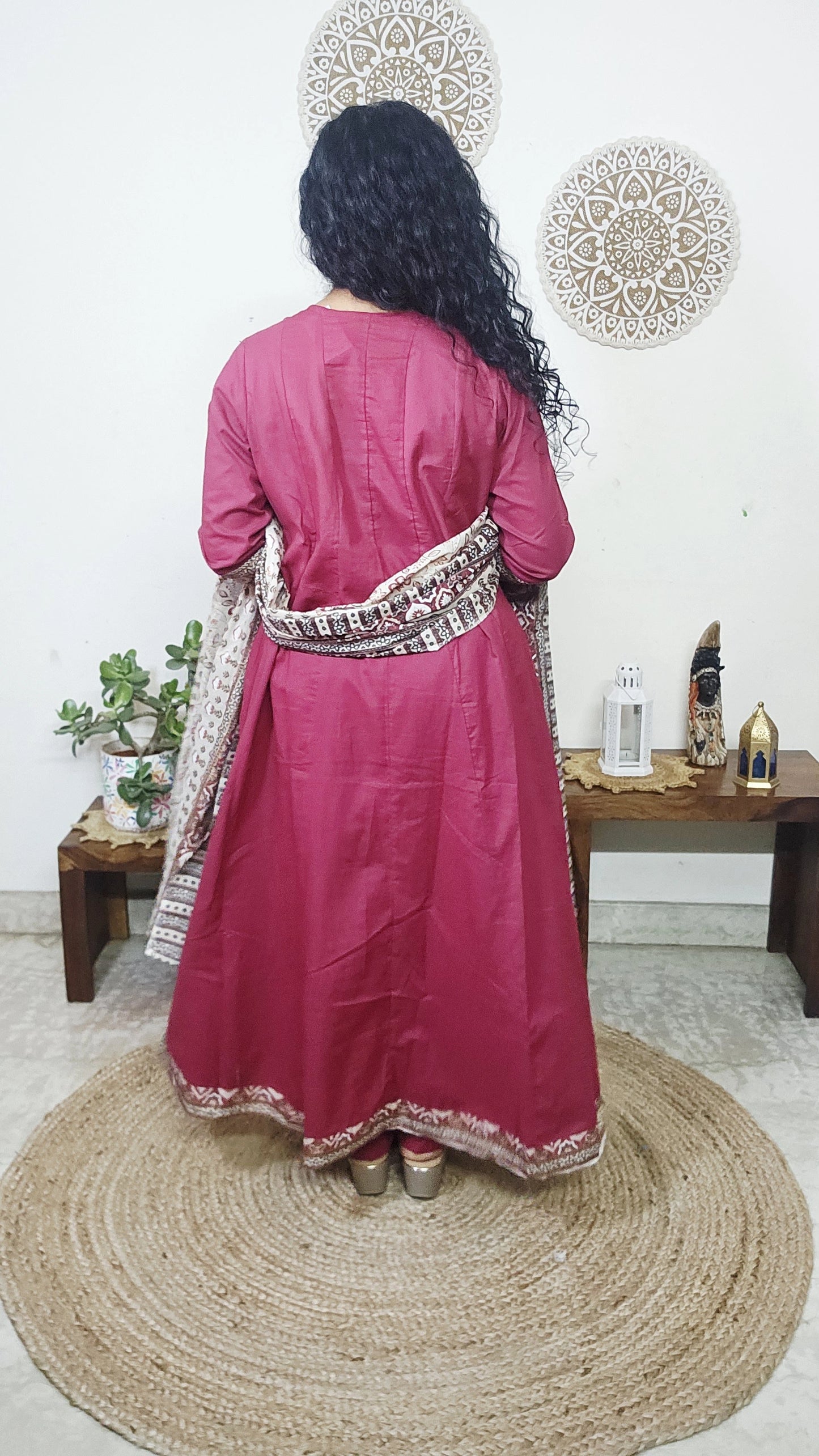 EthnixThread ajrakh Yoke & Contrast Border Anarkali Suit Set