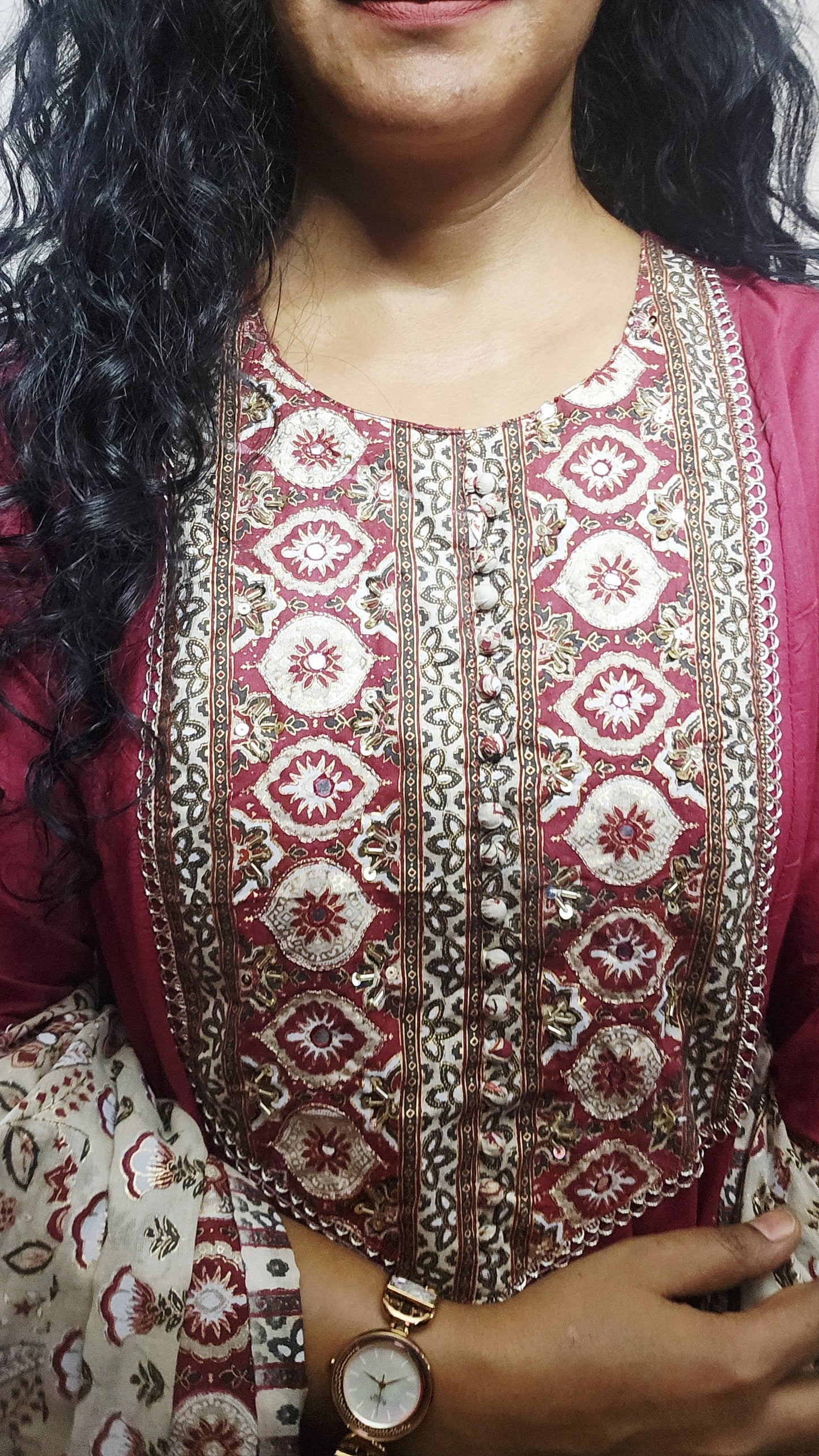 EthnixThread ajrakh Yoke & Contrast Border Anarkali Suit Set