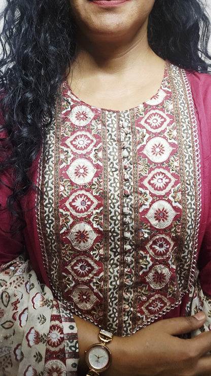 EthnixThread ajrakh Yoke & Contrast Border Anarkali Suit Set