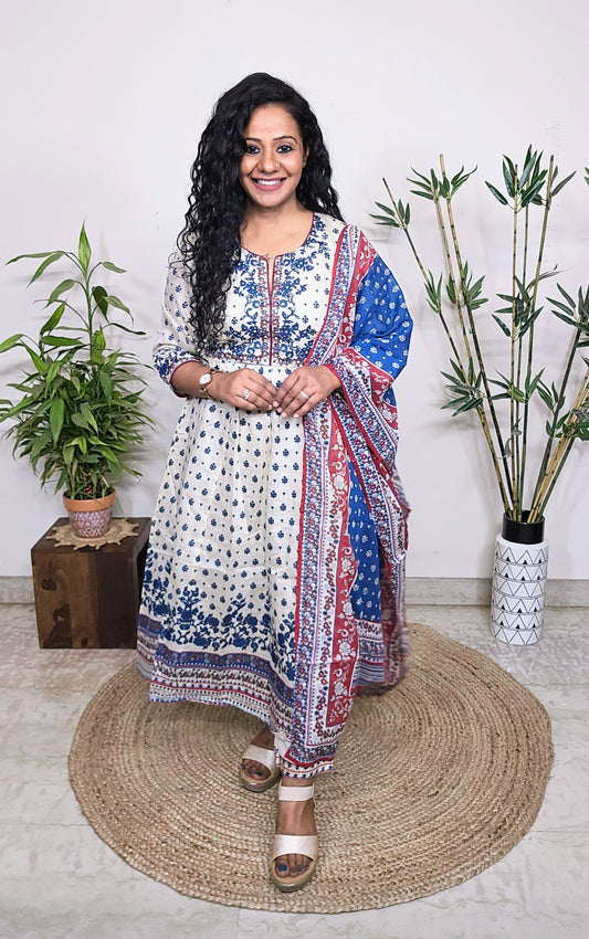 EthnixThread Embroidered off white Fancy Readymade Anarkali Suit Set