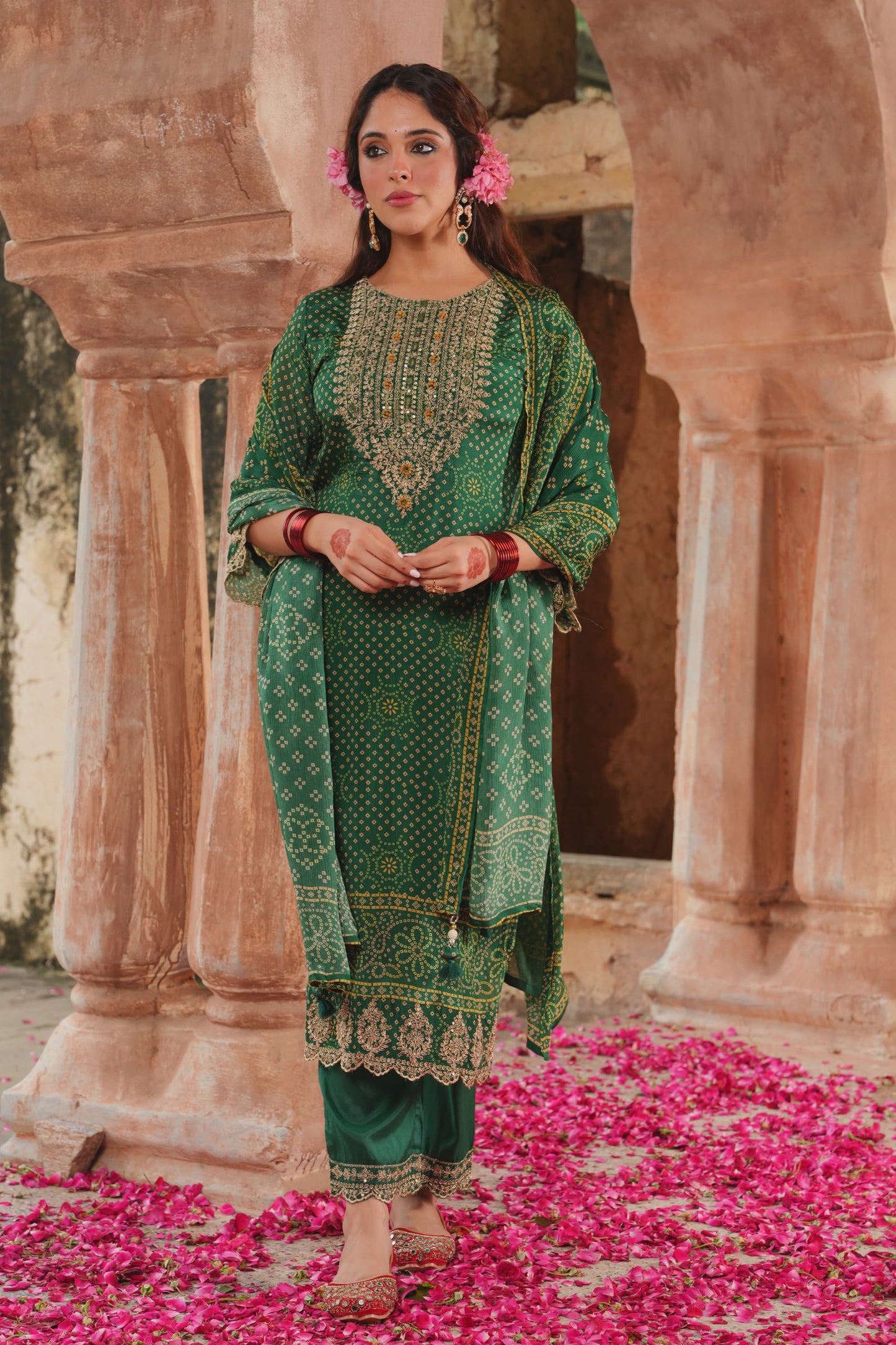 EthnixThread Bandhani Embroidered Green Party Wear Suit Sets for Festive Celebrations