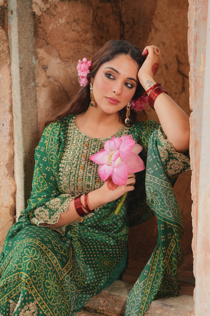 EthnixThread Bandhani Embroidered Green Party Wear Suit Sets for Festive Celebrations