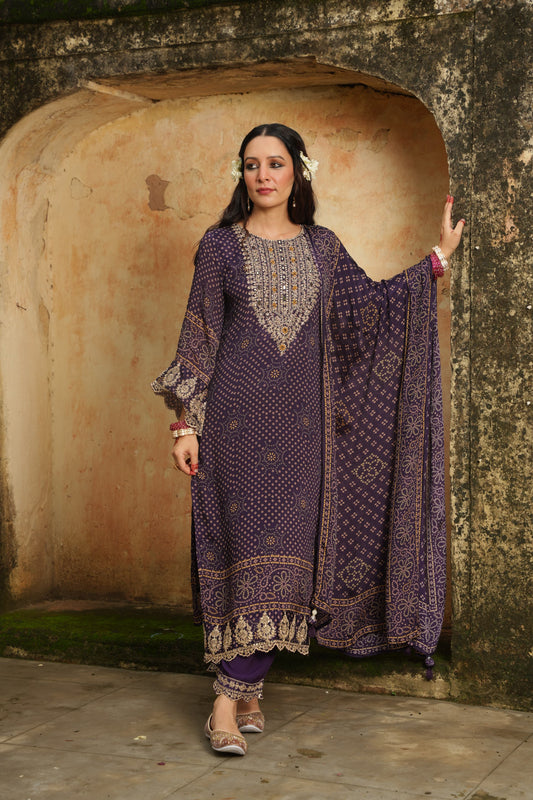 EthnixThread Bandhani Embroidered Purple Party Wear Suit Sets for Festive Celebrations
