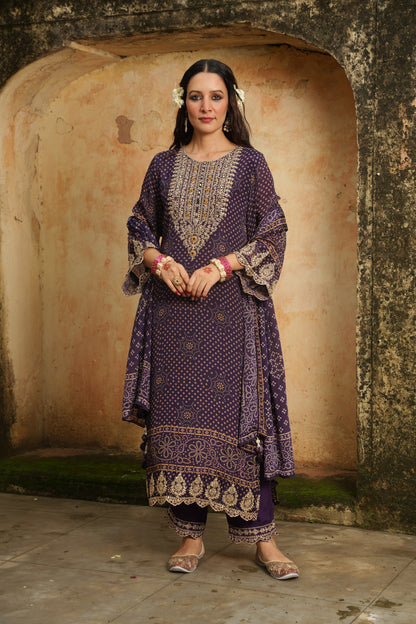 EthnixThread Bandhani Embroidered Purple Party Wear Suit Sets for Festive Celebrations
