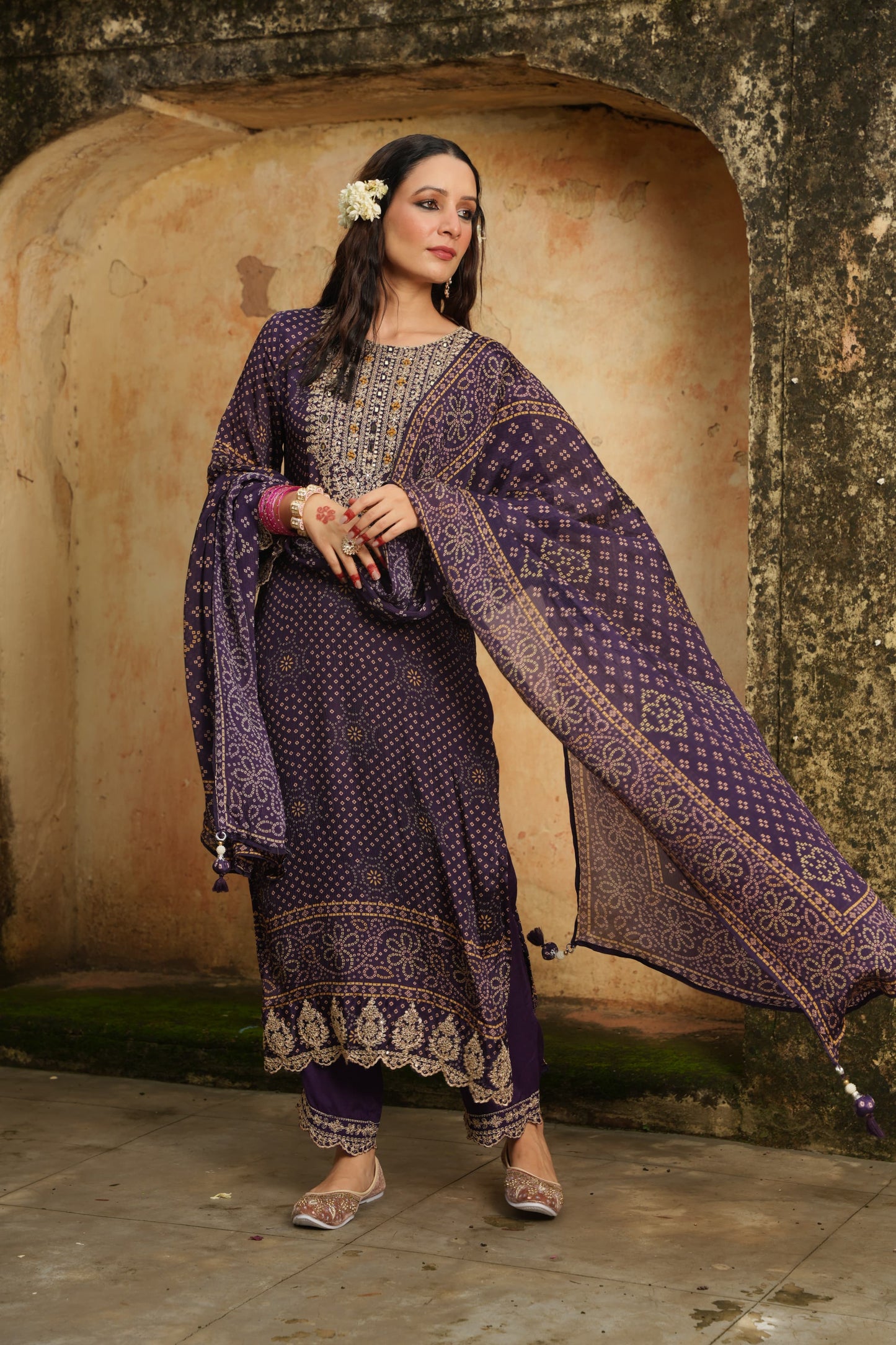 EthnixThread Bandhani Embroidered Purple Party Wear Suit Sets for Festive Celebrations
