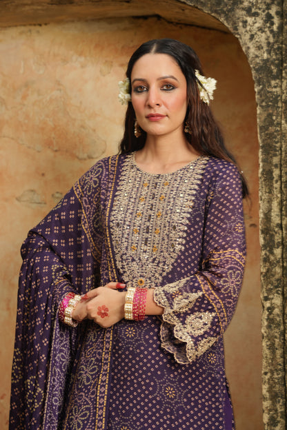 EthnixThread Bandhani Embroidered Purple Party Wear Suit Sets for Festive Celebrations