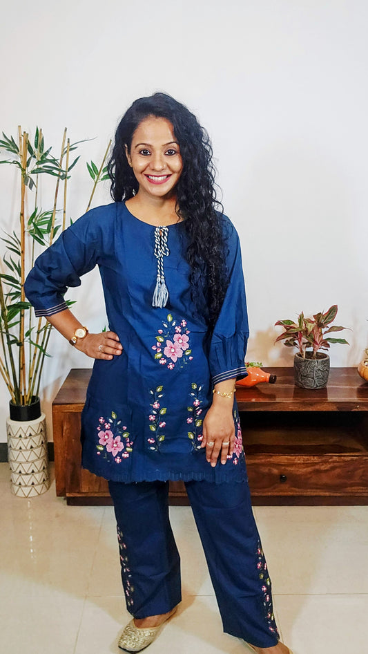 Trending Embroidered Blue Rayon Coord Set for Women | Sizes M-2XL | EthnixThread