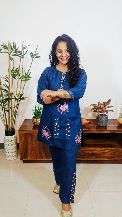 Trending Embroidered Blue Rayon Coord Set for Women | Sizes M-2XL | EthnixThread