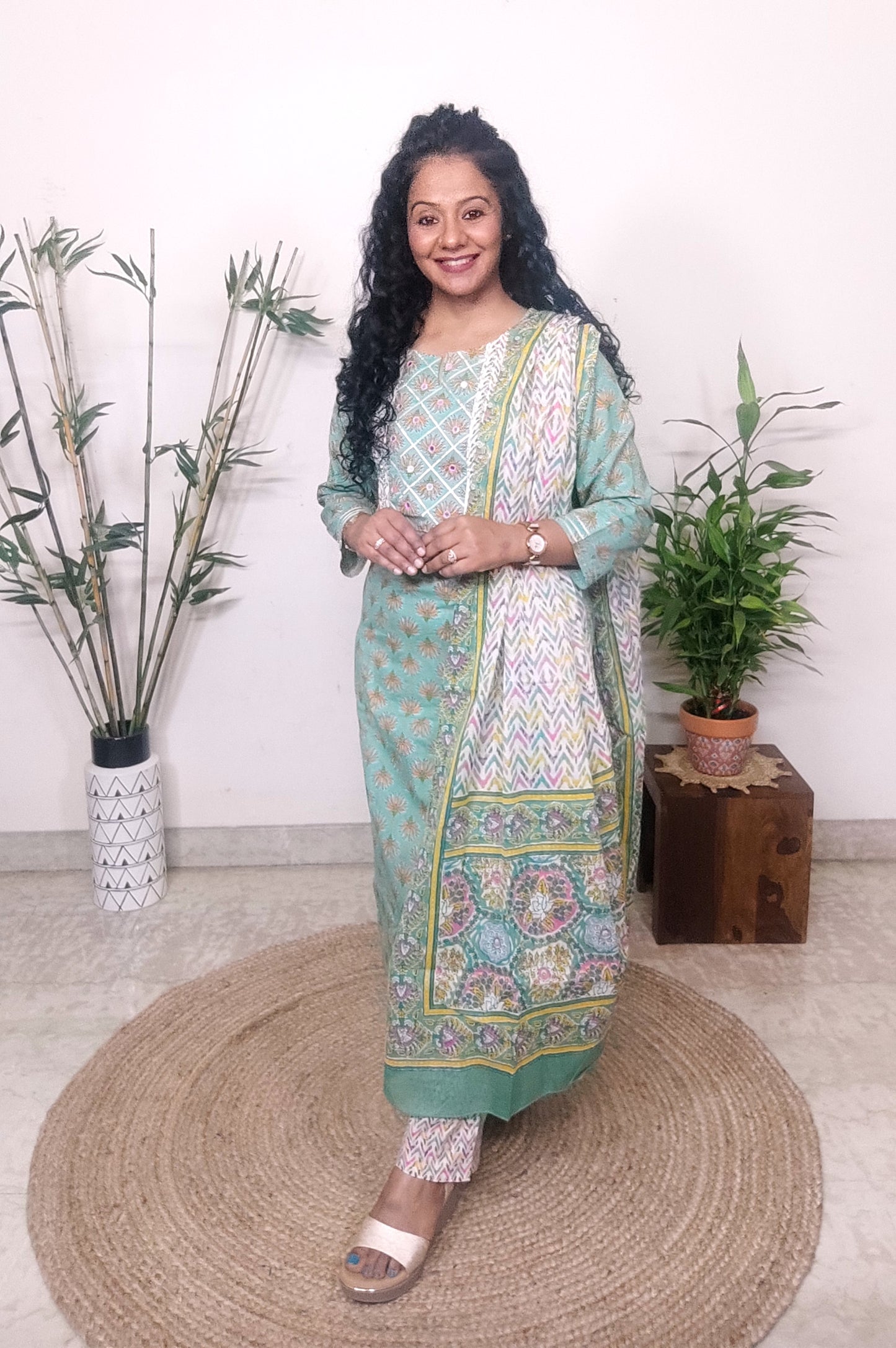 Sea Green Floral Printed Kurta